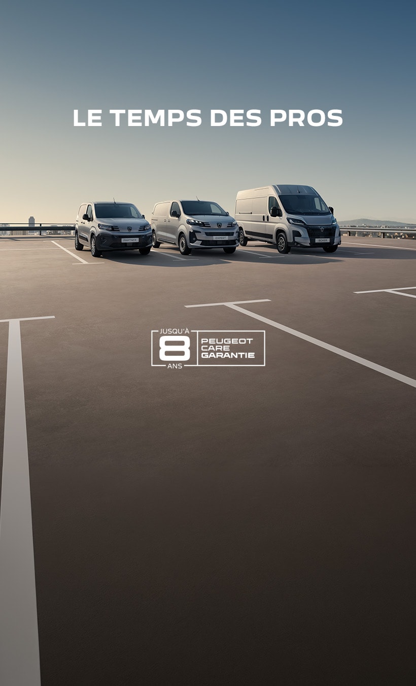 Peugeot Partner, Expert et Boxer avec message Le Temps des Pros et garantie Peugeot Care jusqu’à 8 ans