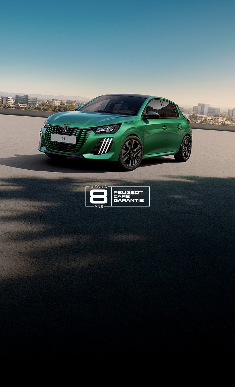 Peugeot 208 présenté en extérieur avec mention de garantie jusqu’à 8 ans