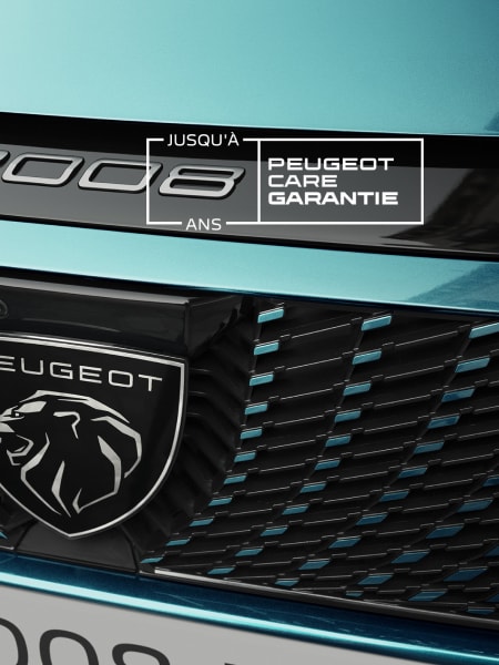 Détail de la Peugeot 3008 avec badge 3008 et mention de la garantie Peugeot Care jusqu'à 8 ans