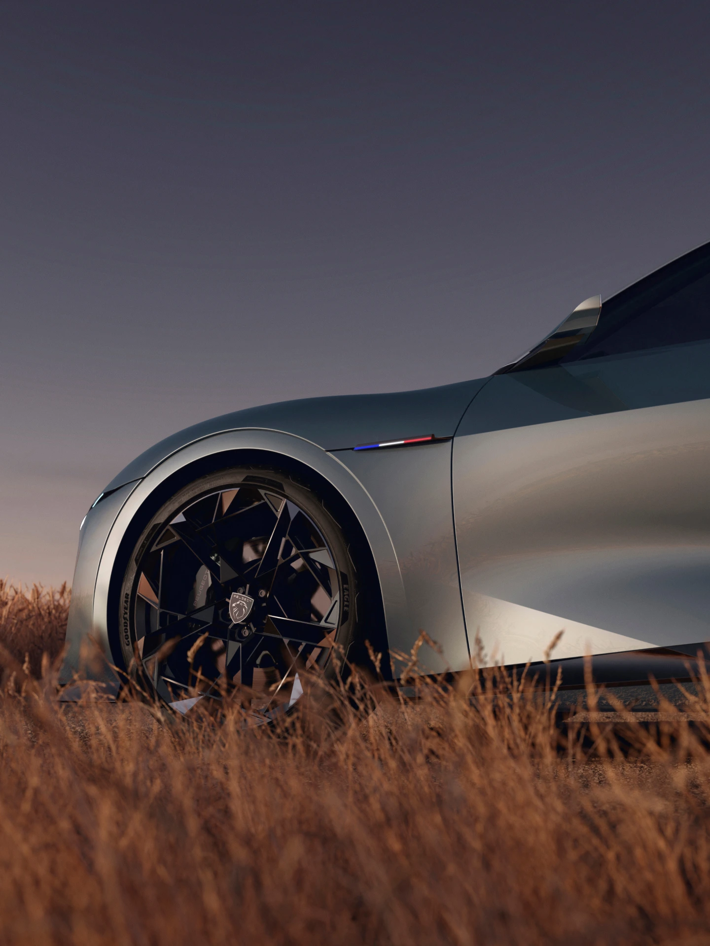 Détail du profil du PEUGEOT RCZ Vision : roue avant, badge et lignes sculptées