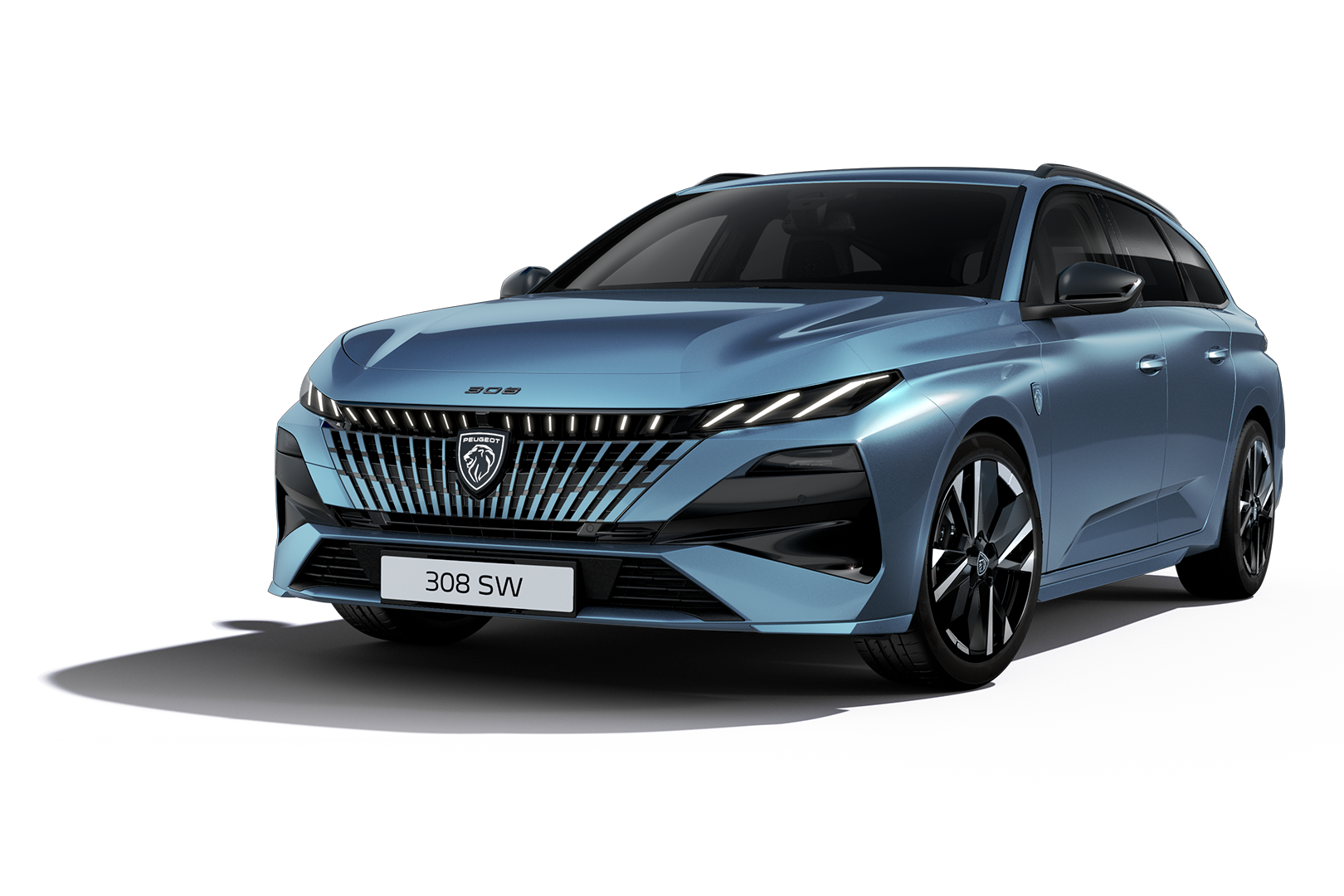 Peugeot 308 SW GT bleu clair vue de face en trois quarts